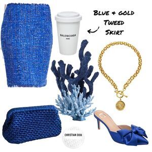 INC Blue & Gold Tweed Fringed Skirt